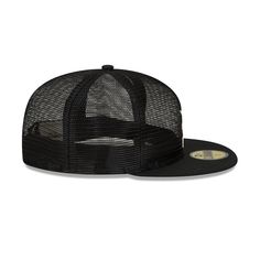 The Fear of God Essential Full Mesh Black 59FIFTY Fitted Cap features an allover mesh crown with an embroidered Fear of God logo at the front panels, an MLB Batterman logo at the rear, and a green undervisor. Sports Mesh Baseball Cap With Flat Brim, Mesh Snapback Cap For Baseball Season, Mesh Flat Brim Baseball Cap For Sports, Black Flat Brim Hat With Mesh Back, Mesh Snapback Hat For Baseball Season Streetwear, Streetwear Mesh Baseball Cap, Streetwear Snapback Hat With Mesh Back And Flat Bill, Baseball Season Hat With Mesh Back, Mesh Back Hat For Baseball Season