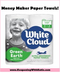 Money Maker White Cloud Paper Towels At Walmart!!! - Kouponing With Katie Have you seen the amazing FREE White Cloud Toilet Paper deal? Here's another great one for you! If your Walmart carries the 2 packs of White Cloud paper towel giant ... http://www.kouponingwithkatie.com/2018/01/28/money-maker-white-cloud-paper-towels-walmart/ Best Toilet Paper, Paper Logo, Green Towels, Extreme Couponing, Green Earth, Green Paper, White Cloud