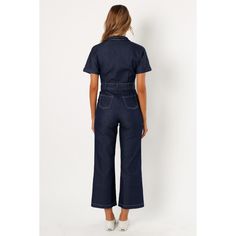 Introducing the perfect addition to your casual wardrobe: our Denim Jumpsuit! With its V-neckline, collared neckline and short sleeves with rolled cuffs, this jumpsuit is sure to become your new go-to. Fitted Casual Denim Jumpsuit With V-neck, Relaxed Fit Denim Jumpsuit With Short Sleeves And Pockets, Relaxed Fit Denim Jumpsuit For Work With Short Sleeves, Relaxed Fit Cotton Denim Jumpsuit With Short Sleeves, Casual Denim Jumpsuit With Short Sleeves, Casual Short Sleeve Denim Jumpsuit With Relaxed Fit, Relaxed Fit Cotton Denim Jumpsuit, Casual Denim Jumpsuit With Short Sleeves And Relaxed Fit, Casual Short Sleeve Relaxed Fit Denim Jumpsuit