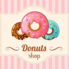 three donuts with sprinkles are sitting on top of each other in front of a pink and white striped background