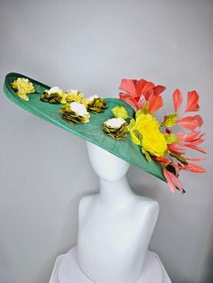 From the 2024 Featured Milliner of the Kentucky Derby Museum  Gorgeous Kentucky Derby hat  kentucky derby hat wide brim large green sinamay with yellow satin flower,green leaves,coral orange feathers and satin embroidered flowers standard approx 23 inch adjustable inseam each hat is totally one of a kind! no two are alike! I can probably add feathers, flowers etc to existing hats for a small fee. I cannot remove anything from existing hats. Just message me and see if we can make it work! :) I cannot make custom order from scratch. My schedule is unfortunately too crazy :( *All hats are sold as displayed. No returns do to nature of product (headwear) Of course do not hesitate to contact me with any issues :) Check out my The Hat Doctor amazing news story feature!! https://www.wdrb.com/derby Kentucky Derby Green Fascinator With Handmade Flowers, Green Fascinator With Handmade Flowers For Spring, Green Summer Fascinator With Handmade Flowers, Green Spring Fascinator With Handmade Flowers, Green Handmade Flowers Fascinator For Spring, Whimsical Green Spring Fascinator, Green Hat For Kentucky Derby Races, Green Hats For Kentucky Derby Races, Green Wide Brim Fascinator For Kentucky Derby