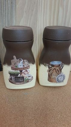 two ceramic salt and pepper shakers decorated with images of kitchen items on the side