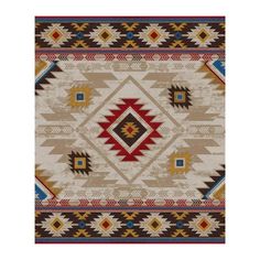 an area rug with different colors and designs on the front, including brown, blue, red