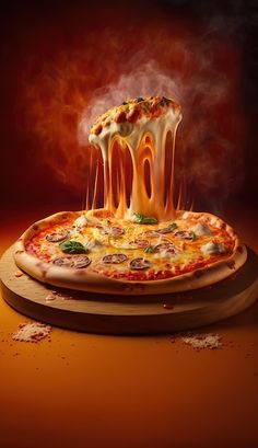 a pizza with melted cheese and toppings is on a wooden platter in front of an orange background