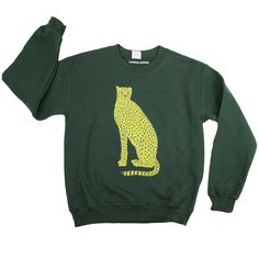 Cheetah Sweatshirt - dark green & black — LORIEN STERN Green Cotton Sweater With Screen Print, Green Crew Neck Sweater With Screen Print, Green Sweatshirt With Screen Print For Fall, Green Screen Print Sweatshirt For Fall, Fitted Green Crew Neck Sweatshirt, Fitted Green Cotton Sweatshirt, Green Relaxed Fit Sweatshirt With Screen Print, Fitted Green Fall Sweatshirt, Fitted Green Sweatshirt For Fall