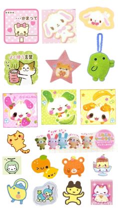 various stickers with different animals and other things on them, all in pastel colors