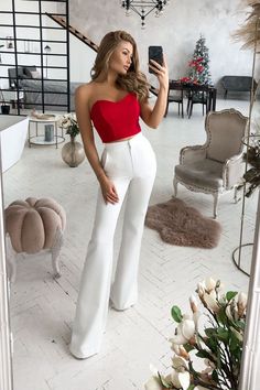 Fabric: High quality suiting fabric Available sizes: XS, S, M, L Color: Black, Red, White, Emerald, Beige Top length: 29cm/ 11.5in Red Top Outfit, Red And White Outfits, White Flare Pants, White Pants Outfit, White Flares, Valentines Outfits, Flared Pants, Mode Inspo, Red Outfit