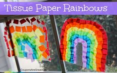 tissue paper rainbows are hanging on the window sill