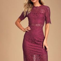 Burgundy Lace Dress. In Excellent Condition. Pet And Smoke Free Home. Burgundy Short Sleeve Dress For Date Night, Fitted Short Sleeve Burgundy Midi Dress, Burgundy Knee-length Midi Dress For Date Night, Fitted Burgundy Midi Dress With Short Sleeves, Burgundy Midi Mini Dress For Spring, High Neck Dress Formal, Burgundy Lace Dress, Beachy Dresses, Lulus Dress