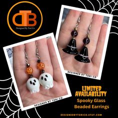 It's Spooky Season babes! These spooky dangle earrings are made with beautiful glass beads and the earring hooks are iron and nickel-free. There is limited availability, only 5 of each style will be available.  **Approx. Size** Ghost:  - Dangle: 1 3/8 in - The highest point to the bottom: 2 in Witch Hat:  -Dangle: 1 1/4 in - The highest point to the bottom: 1 7/8 in Ear Wires:  Color: Silver  Material: Iron Nickel Free **Earring Care** - Avoid pulling the earrings - Avoid hitting against hard surfaces - Store in a dry area or box - Clean with a soft brush - Use a damp cloth to clean, followed by a dry jewelry/microfiber cloth Please note: Since these are glass beads, they won't always be identical, however, I try my best to match the best pair. Due to earrings being assembled by hand, pair Cute Cheap Halloween Earrings, Witch Hat Earrings, Ghost Witch, Earrings Halloween, Nickel Free Earrings, Halloween Earrings, Co Design, Cellophane Bags, Earring Hooks