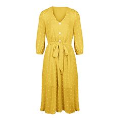 Yellow 1/2 Sleeve Button Down V Neck Casual Dress Yellow Daywear Dress With Button Closure, Yellow Buttoned Knee-length Dress, Yellow Buttoned Dresses For Daywear, Yellow Knee-length Buttoned Dress, Yellow Knee-length Dress With Button Closure, Yellow Button Closure Dress For Fall, Yellow Fall Dress With Button Closure, Yellow Workwear Dress With Button Closure, Yellow Midi Dress With Button Closure