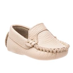 The Elephantito Moccasin is in a class of its own when it comes to dressing your little bear. Equal parts sturdy and supple, this shoe makes baby’s first steps easier than ever before. The utility of cushioned foot-beds, absorbent leather lining, and a slip-on design are offset by fine, full-grain leather uppers, hand-stitching, and a brogue leather tongue. And don’t forget the “aw” factor: our signature “paw” design stamped on the leather sole. Cream Slip-on Moccasins With Rubber Sole, Cream Moccasins With Rubber Sole And Round Toe, Casual Leather Moccasins For Playtime, Casual Round Toe Moccasins, Casual Round Toe Moccasins For Playtime, Casual Moccasins With Round Toe For Playtime, Baby's First Step, Infant Boy, Paw Design