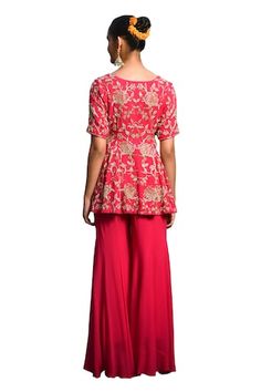 Bright pink peplum jacket with bead sequin embroidered floral vine patterns. Comes with flared kalidar pant. - Aza Fashions Pink Peplum Set With Resham Embroidery, Pant For Women, Peplum Jacket, Floral Vine, Aza Fashion, Fashion Set, Bright Pink, Vines, Sequin