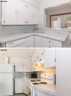 before and after pictures of a kitchen remodel with white cabinets, counter tops, and appliances