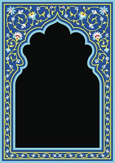 an ornate blue and yellow frame with flowers on the border, against a black background