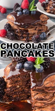 chocolate pancakes are stacked on top of each other