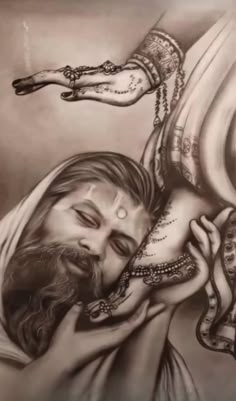 a drawing of jesus holding a snake in his arms and the body is wrapped around him