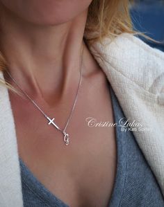 Cross Necklace With Personalized Initial Charm - Script Initial Necklace in Solid Gold, Sterling Sil Necklace With Cross, Personalized Cross Necklace, Floating Diamond Necklace, Necklace With Diamond, Script Initial, Diamond Initial Necklace, Gold Letter Necklace, Floating Necklace, Gold Cross Necklace