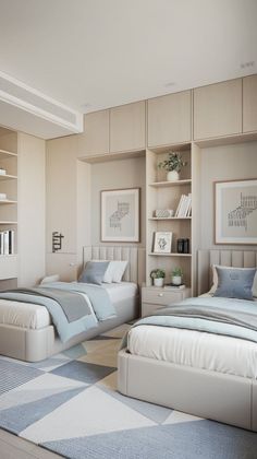 a bedroom with two beds and bookshelves next to each other on the wall