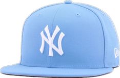 the new york yankees'logo is shown on a light blue baseball cap with white stitching