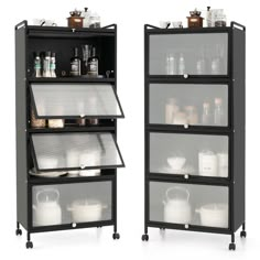 two black shelves with clear drawers on each side and one shelf filled with bottles, containers and other items