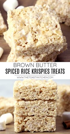 brown butter spiced rice krispies treats stacked on top of each other with marshmallows