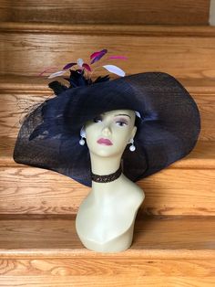 "✿*.Key Features.*✿ This is a wide loopy brim Hat with a big feather flower, fashion, elegant, beautiful. Great for Kentucky derby, weddings, church, Easter, Royal Ascot, horse races, cocktails, tea party, or any hat wearing occasion. Hat base size: From front to back appr: 20.5\" (52cm) From left to right appr: 20.5\" (52cm) Wide brim Appr: 6.5~8\"\" Head girth: 22.5\"(57cm), adjustable string inside to make smaller to fit your head. If you want other colors in this style, just search the same High Crown Headpieces For Royal Ascot Races, High Crown Costume Hats For Royal Ascot Races, Royal Ascot High Crown Costume Hats, Kentucky Derby High Crown Hats And Headpieces, Kentucky Derby High Crown Costume Hats, Royal Ascot Costume Hats And Headpieces, High Crown Straw Hat For Kentucky Derby Party, High Crown Straw Hat For Kentucky Derby, Kentucky Derby High Crown Straw Hat For Party