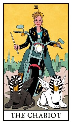 a tarot card with an image of a woman on a motorcycle and two cats