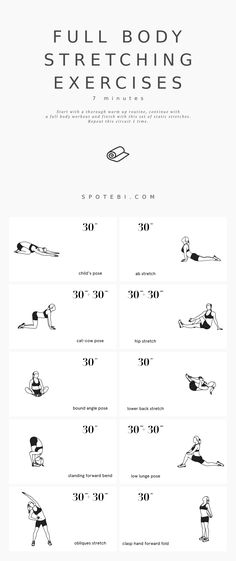 the full body stretching exercises are shown in black and white, as well as an exercise chart