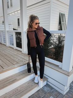 Fall Brown Vest Outfits, Casual Outfits For Women Leggings, Amazon Cropped Puffer Vest, Trendy Outfits For Late 20s, Puffer Vest Athleisure Outfits, Outfits With Short Puffer Vests, Fall Outfits With Vests Casual, Light Grey Puffer Vest Outfit, Cute Fall Outfits Aesthetic Casual