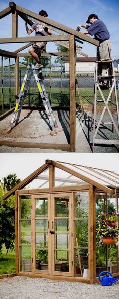 two pictures of people working on a small building with windows and ladders to the roof