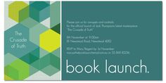 an open book launch flyer with green and yellow squares on the front, and blue background