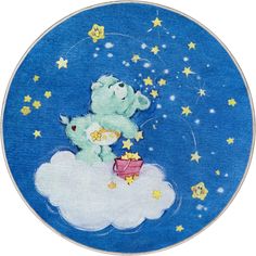 a teddy bear sitting on top of a cloud with stars in the sky above it