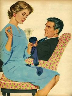 an old man and woman sitting on a chair with a glass in their hand, looking at each other