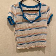 Multi Colored Striped Tee W V Neck Reminds Me Of Stranger Things Or Like A Cute 80s Vibe Nwot Never Worn Size S No Damage, Rips Or Stains From A Smoke Free And Pet Free Clean Household Reasonable Offers Are Welcome :) Feel Free To Ask Me Questions Below Cheap Striped V-neck Shirt, Retro V-neck T-shirt For Spring, 80s Vintage Clothes, Vintage White V-neck Top, Casual Color Block V-neck T-shirt, Casual V-neck Color Block T-shirt, Striped Retro Summer Tops, Vintage Crew Neck Top For Day Out, Vintage V-neck Top For Day Out