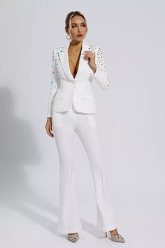 Emely White Beaded Sequin Diamond Blazer Set Silver Sequin Top, Glitter Wedding Dress, Blazer White, Bandage Midi Dress, Blazer Set, Floral Shirt Dress, Puff Sleeve Dresses, Suit Fabric, Maxi Knit Dress