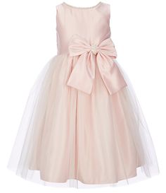 Sweet Kids Little Girls 2-6 Sleeveless Dull Satin Pearl Trim Bow Detail Tulle Tea Dress | Dillard's Blush Flower Girl Dresses, Satin Tulle, Wedding With Kids, Tea Dress, Dillard's, Bow Detail, Tulle Dress, Special Occasion Dresses