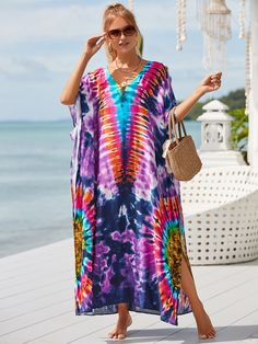 Tie Dye Kaftan, Swimsuit Material, Long Beach Dress, Bathing Suit Cover, Sewing Clothing, Bathing Suit Cover Up, Boho Print, House Dress