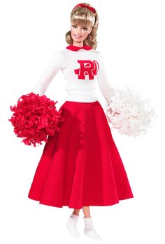 a barbie doll dressed in a cheerleader outfit with pom poms on her head