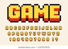 an old school computer game font and numerals set in 8 bit pixel style