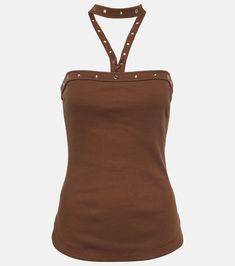 Ribbed Knit Halterneck Jersey Top in Brown - The Attico | Mytheresa Chic Cotton Halter Neck Top, Fitted Halter Neck Knit Top, Stretch Cotton Cami Halter Top, Brown Stretch Halter Neck Tank Top, Stretch Cotton Halter Cami Top, Chic Cotton Cami Halter Top, Chic Cotton Halter Tank Top, Trendy Cotton Tank Halter Top, Casual Brown Halter Neck Tank Top