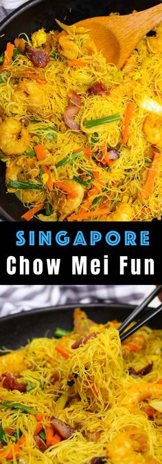 this is an image of singapore chow mein with chopsticks in the skillet