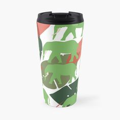 a green and red travel mug with an animal pattern on it