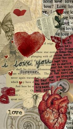 altered collage with heart and love words