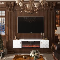 a living room with a large television and fireplace