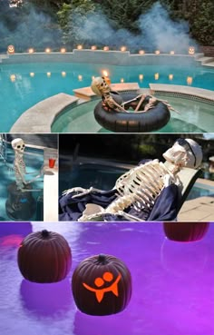 some pumpkins that have been placed in front of a swimming pool with skeletons on them