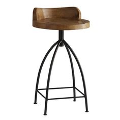 a wooden and metal bar stool with an adjustable foot rest on the seat, against a white background