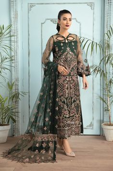 Elegant Lehenga Choli in Bottle Green Shade Online Floor-length Dress With Intricate Design For Festive Occasions, Festive Floor-length Dress With Intricate Design, Fitted Dresses With Intricate Design For Festive Occasions, Festive Fitted Dress With Intricate Design, Traditional Drape Green Organza Dress, Green Organza Dress With Traditional Drape, Festive Dresses With Traditional Drape And Intricate Design, Green Gown With Floral Embroidery For Eid, Elegant Festive Dress With Intricate Design