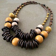 -A Love and Knit design-One of a kind-All wooden-Two strand in one necklace-Big beaded Brown Double Strand Beaded Necklace For Gift, Handmade Yellow Double Strand Jewelry, Handmade Double Strand Yellow Necklace, Handmade Amber Multi-strand Necklace, Handmade Yellow Double Strand Necklace, Handmade Brown Double Strand Necklaces, Handmade Double Strand Beads For Gifts, Handmade Double Strand Beads As Gift, Handmade Double Strand Beads For Gift