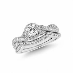 3/4 CT. T.w. Diamond Twist Shank Bridal Set in 14K White Gold Diamond Tops, Twist Style, Bridal Fashion Jewelry, Bridal Engagement Rings, Bridesmaid Jewelry Sets, Bridal Gold Jewellery, Diamond Wedding Band, Flower Earrings Studs, Bridal Set